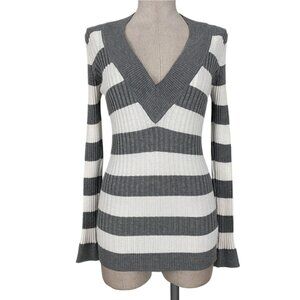 y2k gray and white striped long v-neck sweater by energie